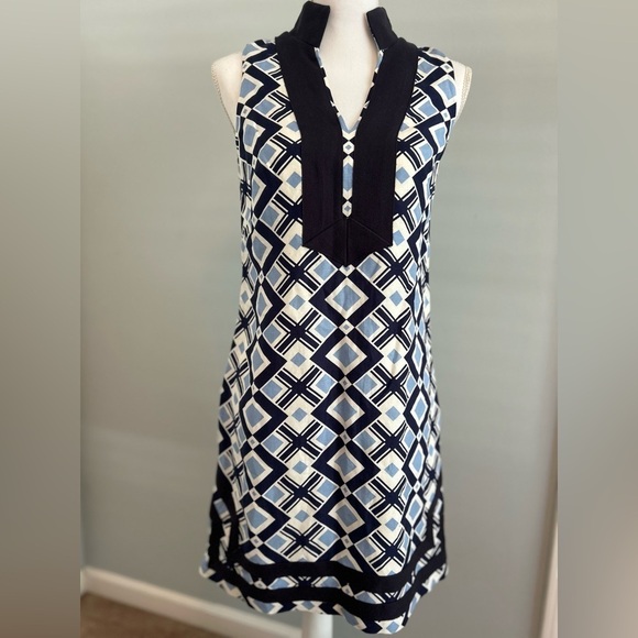 Eliza J sleeveless linen blend v neck blue geometric print sheath dress size 2 - Picture 2 of 8